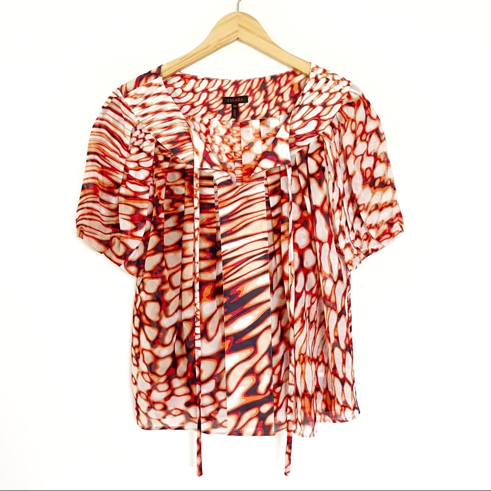 Escada 100% Silk Patterned Split Front Blouse S - image 1